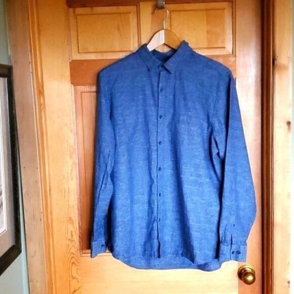 Marc Anthony Linen Blend Slim Fit Sz. XL Blue with repeating details Dress Shirt - Picture 1 of 11